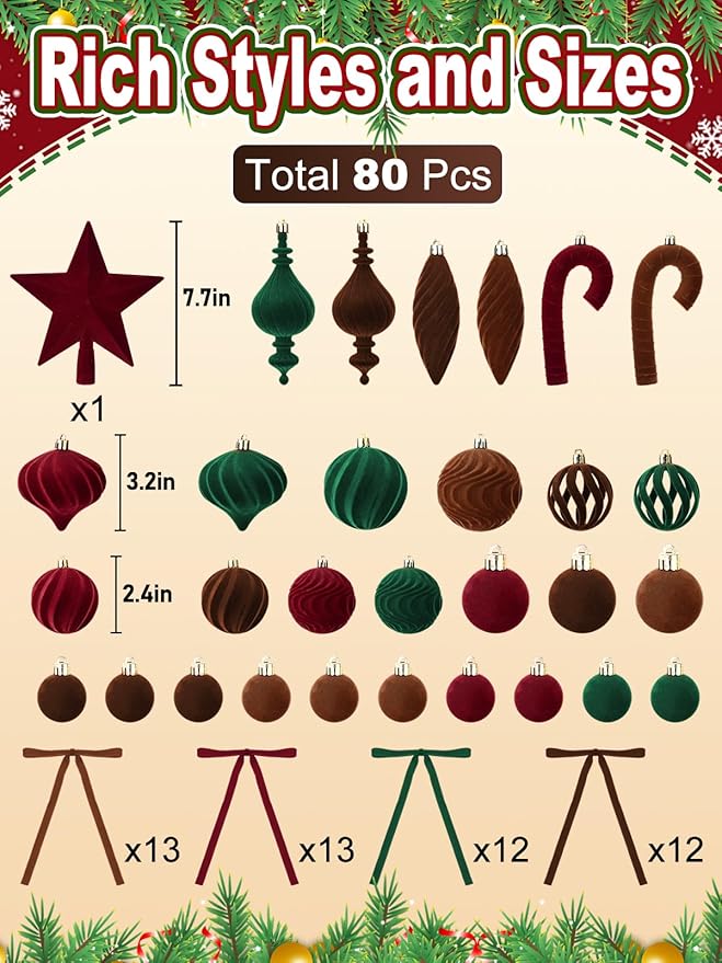 80Pcs Velvet Star Topper & Ornaments for Christmas Tree Decorations - 1 Topper Star, 2 Candy Canes, 27 Flocked Shatterproof Balls and 50 Bows (Multi-Color)