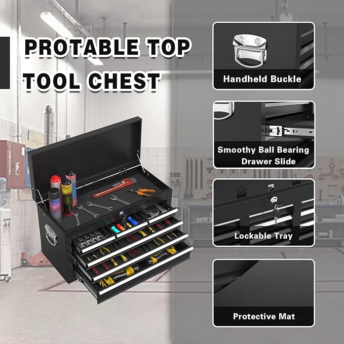 8-Drawer Rolling Tool Chest, High Capacity Removable Tool Storage Cabinet, Detachable Toolbox with Lock for Garage Warehouse and Tool Room (Black)