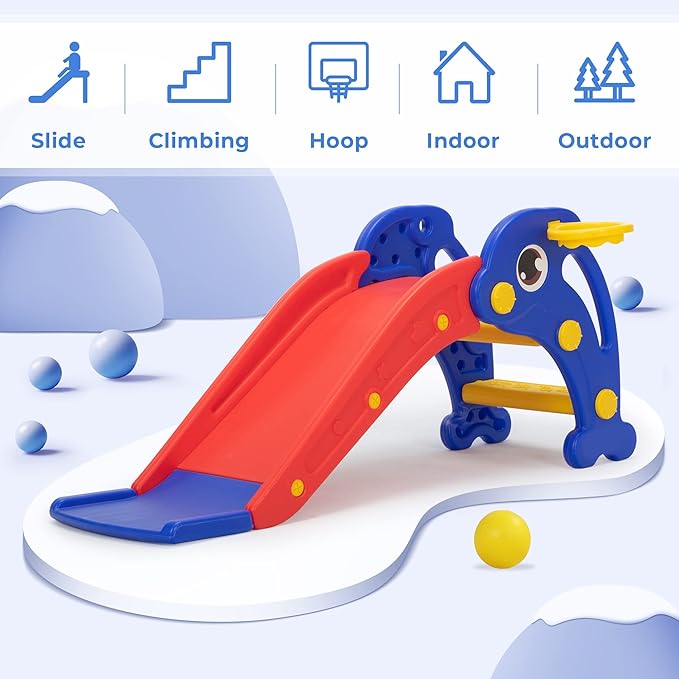 3 in 1 Toddler Slide, Baby Slide Plastic Climber Playset with Basketball Hoop and Ball, Indoor and Outdoor Playground for Kids Red