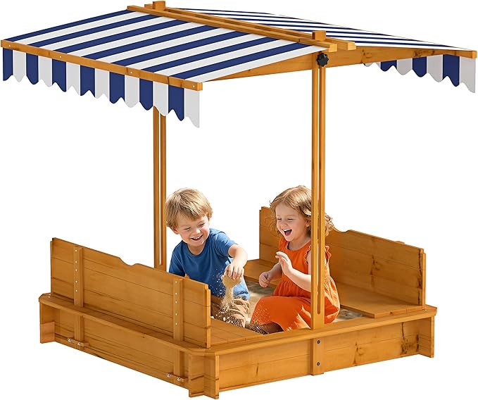 Outsunny Wooden Sandbox with Lid, Kids Sandbox with Canopy Outdoor, Sand Box with Foldable Bench Seats and Sand Protection, Bottom Liner Included, Kids Gift for Aged 3-7, 47X47 in, Red