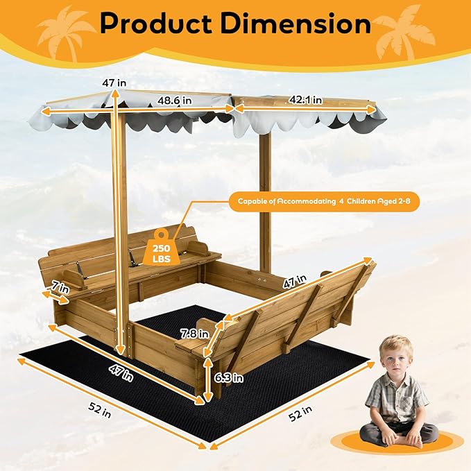 Kids Sandbox with Canopy & 2 Benches - 47 Large Wooden Outdoor Sand Box, Adjustable Weatherproof Cover, Easy-Fold Lid, Gift for Toddlers Ages 2-8, Backyard, Patio