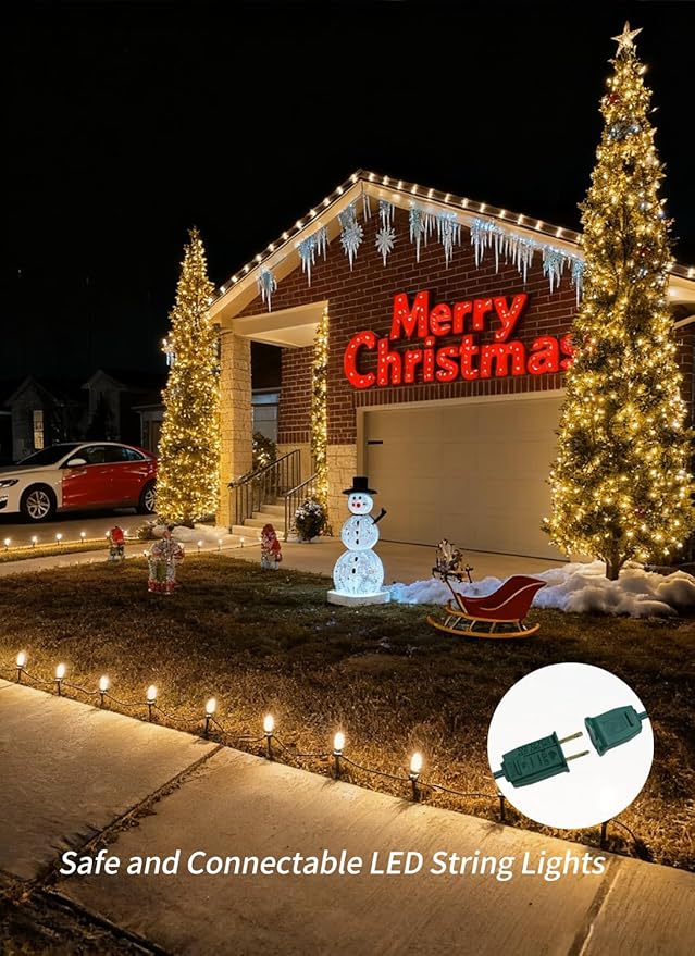 C9 LED Christmas String Lights Outdoor, 50FT 50+2 LED 2700K Warm White Waterproof C9 String Lights, Plug-in Extendable Green Wire Lights for Roofline Patio Backyard Party Xmas Decoration