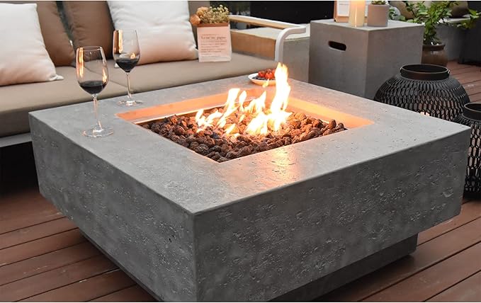 Elementi Manhattan Concrete Fire Pit 36 x 36 Outdoor Patio Firepit Includes Lava Rocks Modern Fire Pits & Outdoor Fireplaces for Garden, Deck, Indoor & Outdoor Heating