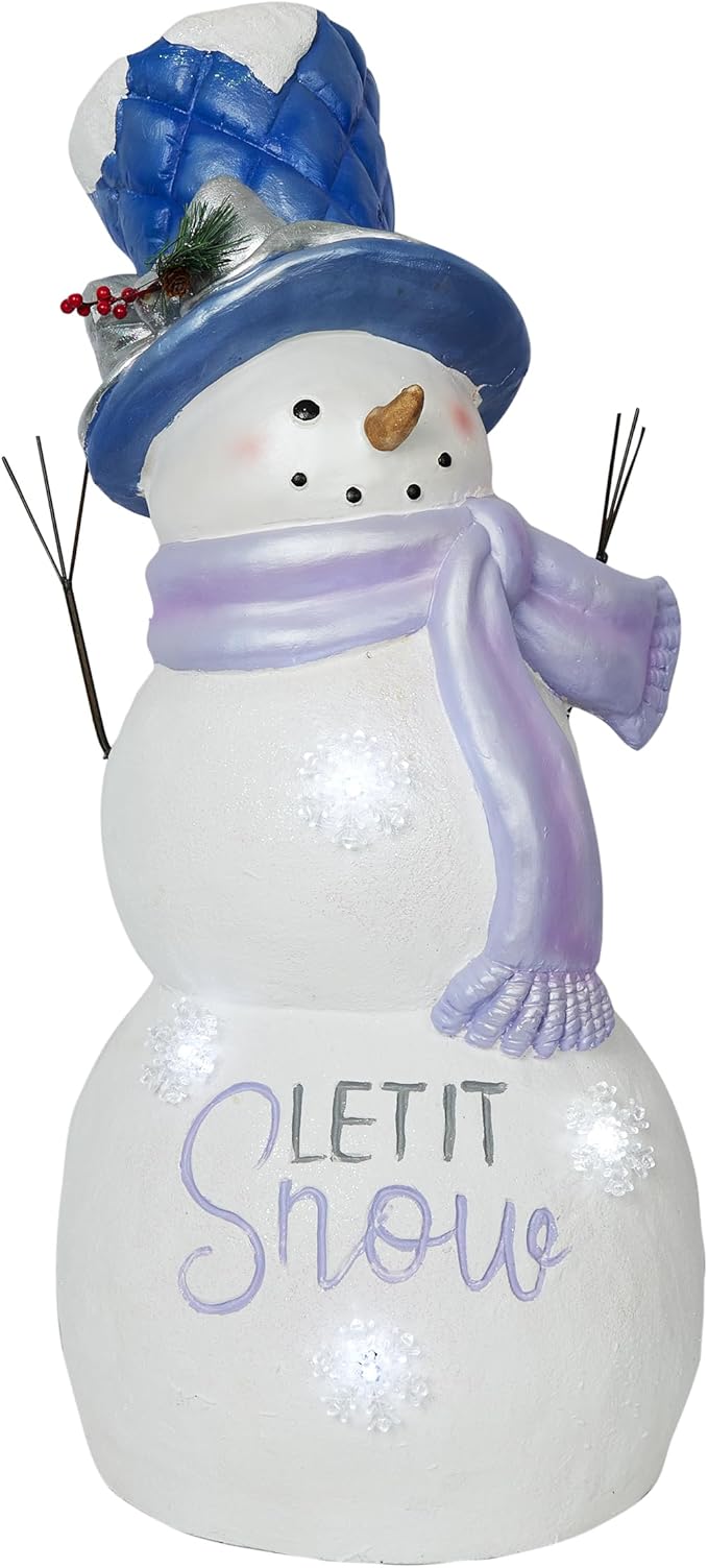 Alpine Corporation SKY558L, Lavender White Let It Snow Snowman Statue with Fading LED Lights, Large Over 3 Feet Tall - Indoor/Outdoor Winter Décor, Christmas Decoration