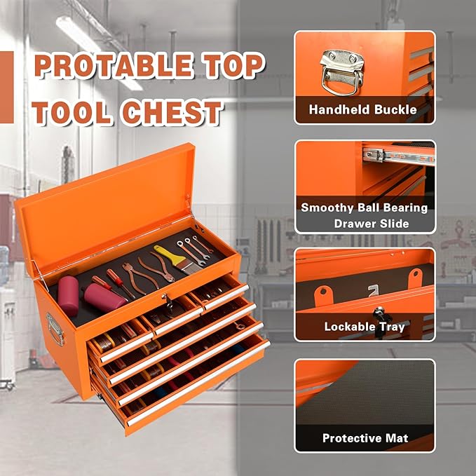 8-Drawer Rolling Tool Chest, High Capacity Removable Tool Storage Cabinet, Detachable Toolbox with Lock for Garage Warehouse and Tool Room (Orange)
