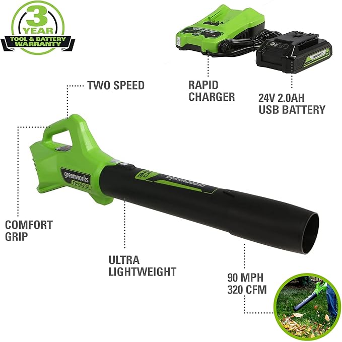 Greenworks 48V (24V x 2) All-in-One Cordless Combo - 20" Push Lawn Mower, 12" String Trimmer, 320 CFM Leaf Blower & 3/8" 18 GA Crown Stapler