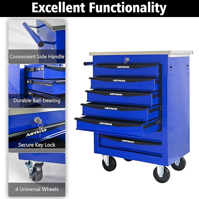 RYH 4/5/6/7 Drawers Rolling Tool Chest -Heavy Duty Mobile Metal Tool Box with Locking Wheels, with Stainless Steel Worktop, Garage Tool Storage Cabinet (Blue, 7-Drawers 30.7 H¡¿22.2 W)