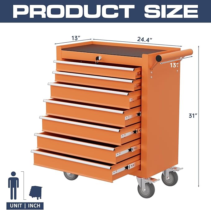 7-Drawer Tool Chest,Rolling Tool Cart with Wheels,High Capacity Tool Cabinet with Locking System for Garage, Warehouse, Workshop-Orange