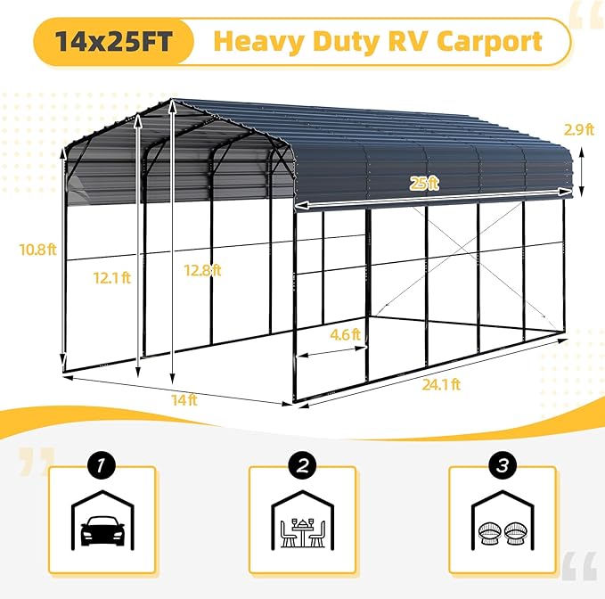 EROMMY 14x25 FT RV Metal Carport, Heavy Duty Carports with Reinforced Steel Frame, Weather-Resistant Galvanized-Steel Roof Shelters, Outdoor Car Shed for 2 Vehicles, Truck, Boat and SUV, Gray