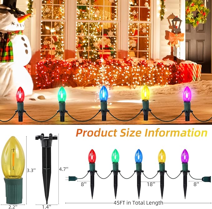 45Ft C9 Led Christmas Pathway Lights Outdoor, 30 Multicolor Bulbs Waterproof Connectable Christmas Walkway Lights with Stakes for Yard Lawn Sidewalk Driveway Decorations