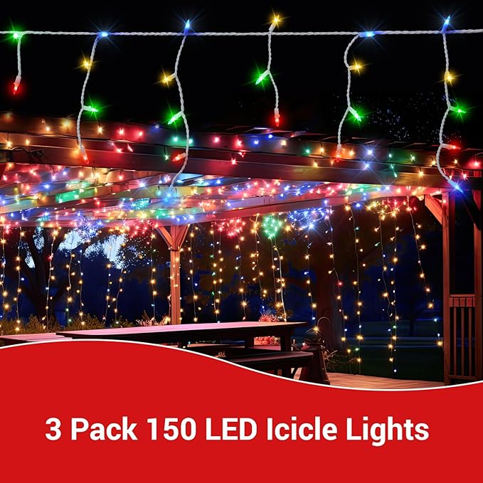 New One Icicle Lights Outdoor 3 Pack, 20.2 FT 150 LEDs Multicolor Icicle Christmas Lights with White Wire, Connectable Icicle String Lights with 39 Drops, Holiday Wedding Party Led Icicle Lights