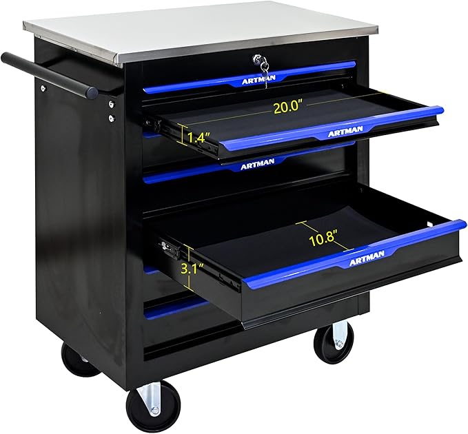 RYH 4/5/6/7 Drawers Rolling Tool Chest -Heavy Duty Mobile Metal Tool Box with Locking Wheels, with Stainless Steel Worktop, Garage Tool Storage Cabinet (Black-Blue, 7-Drawers 30.7 H¡¿25.9 W)