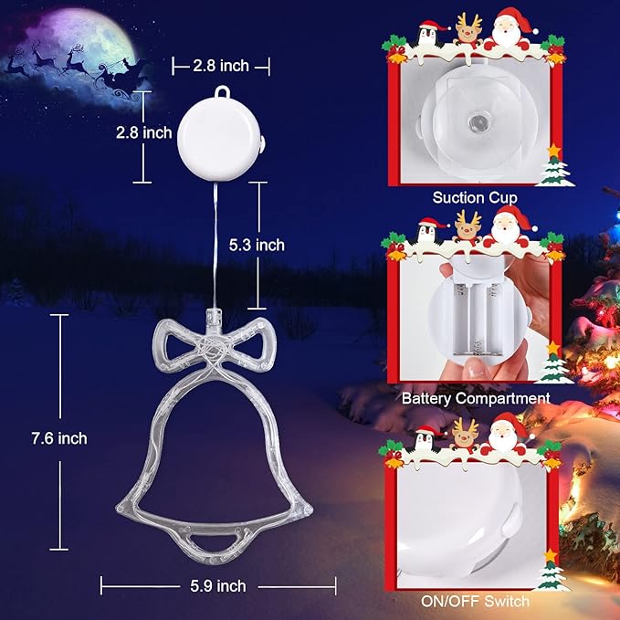 LOLStar Christmas Window Decorations,3 Pack Jingling Bell,Christmas Tree,Snowflake Christmas Window Lights with Suction Cup, Timer Function & Slow Fade Mode Battery Operated Indoor Lights