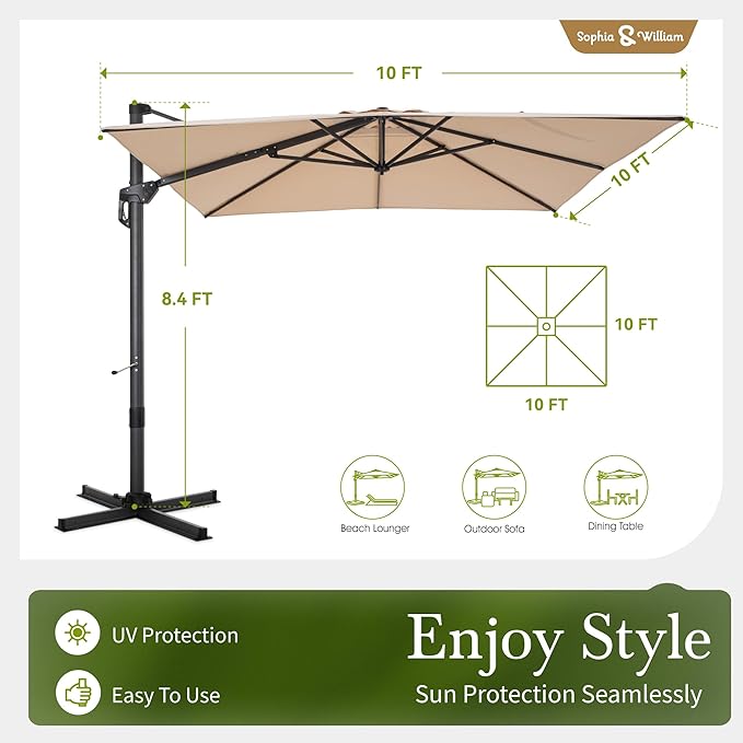 Sophia & William Cantilever Patio Umbrella 10ft, Large Square Outdoor Umbrellas with Crank Handle, 7-Level Tilt,360° Rotation, Windproof, Crashproof,Design for Pool Garden Backyard (Beige)