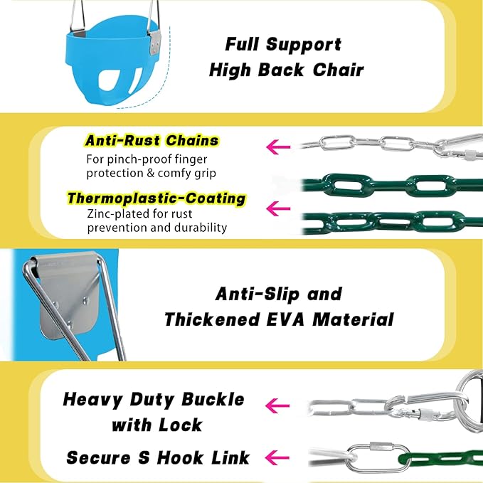 Toddler Swing Set for Outside - High Back Full Bucket Seat with 4 Hanging Straps and Hooks for Kids, Infants, Baby - Outdoor Tree Swing