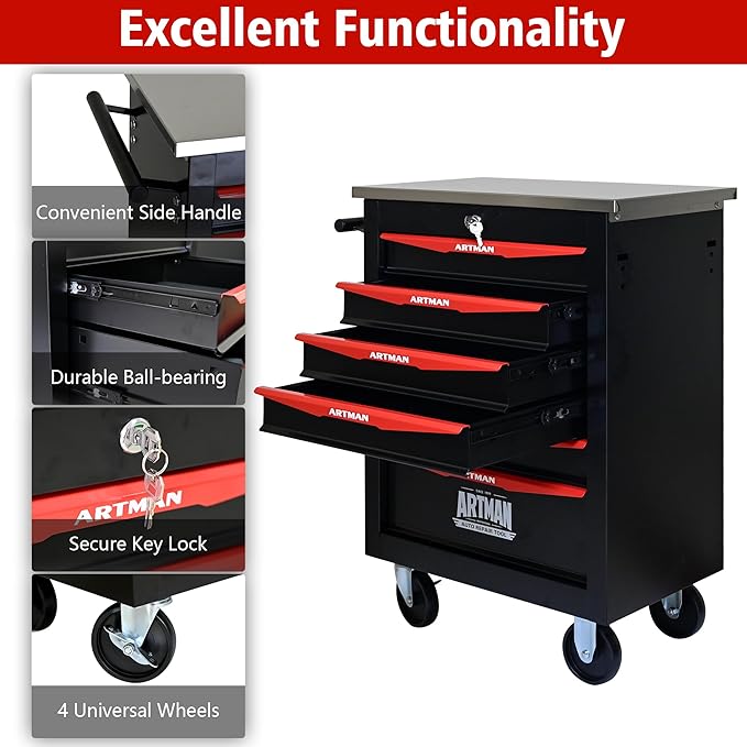 RYH 4/5/6/7 Drawers Rolling Tool Chest -Heavy Duty Mobile Metal Tool Box with Locking Wheels, with Stainless Steel Worktop, Garage Tool Storage Cabinet (Black, 6-Drawers 30.7 H¡¿22.2 W)