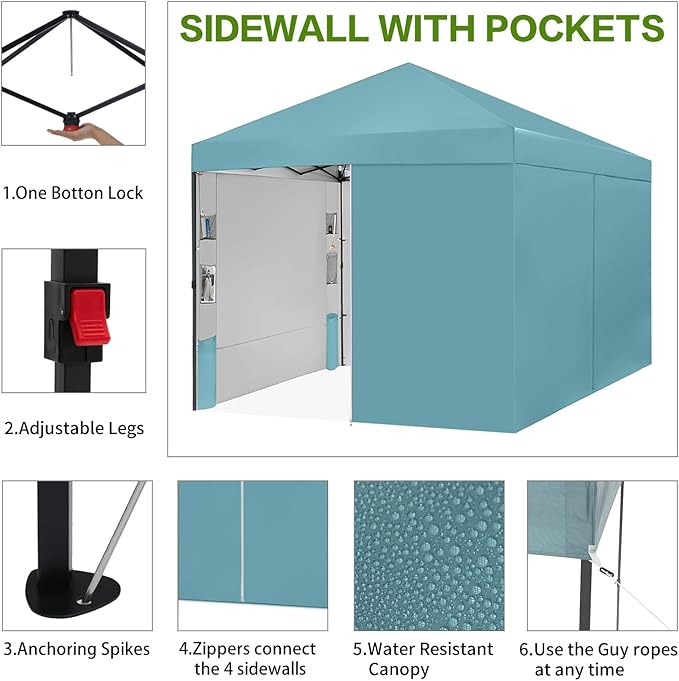 10X10 Comercial Pop Up Canopy Tent with 4 Sidewalls and 6 Pockets, One Push Setup Center Lock, for Beach Patio Outdoor, Case, 8 Stakes, 4 Ropes, 4 Sandbags (Sky Cyan)