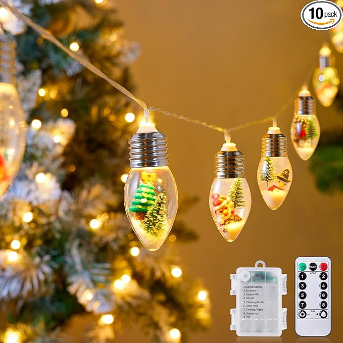 Vintage-Christmas-Lights-Indoor-String-Lights, 7.5Ft C9 Christmas Snow Globe String Lights with Tree & Snow & Cute Ornaments, 8 Modes Battery Operated Lights for Tree Garland Fireplace Xmas Decor