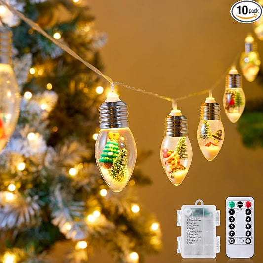 Vintage-Christmas-Lights-Indoor-String-Lights, 7.5Ft C9 Christmas Snow Globe String Lights with Tree & Snow & Cute Ornaments, 8 Modes Battery Operated Lights for Tree Garland Fireplace Xmas Decor