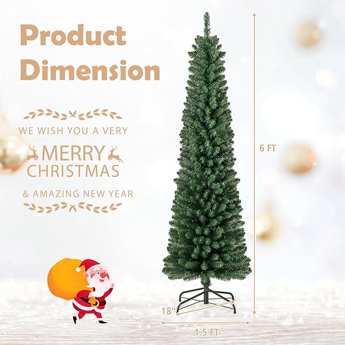 GOFLAME 6FT Prelit Pencil Christmas Tree, Slim Artificial Xmas Tree with 392 Memory Wire Branch Tips, 140 Warm White LED Lights & Upgraded Metal Stand, Seasonal Holiday Decoration Tree for Home Party