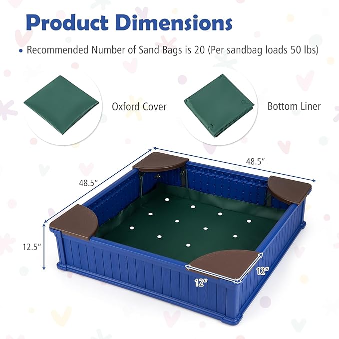 HONEY JOY 12.5 Kids Sandbox with Cover, 48 x 48 Inch Large HDPE Pit for Backyard, 4 Corner Seats & Bottom Liner, Sand Protection, All Weather Resistant Sand Boxes for Kids Outdoor (Blue)
