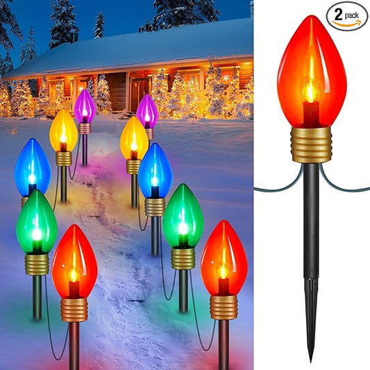 Christmas Lights Jumbo C9 Outdoor Lawn Decorations with Pathway Marker Stakes, 2 Pack 8.5 Feet String Lights Covered Jumbo Multicolored Light Bulb for Holiday Outside Yard Garden Decor, 10 Lights