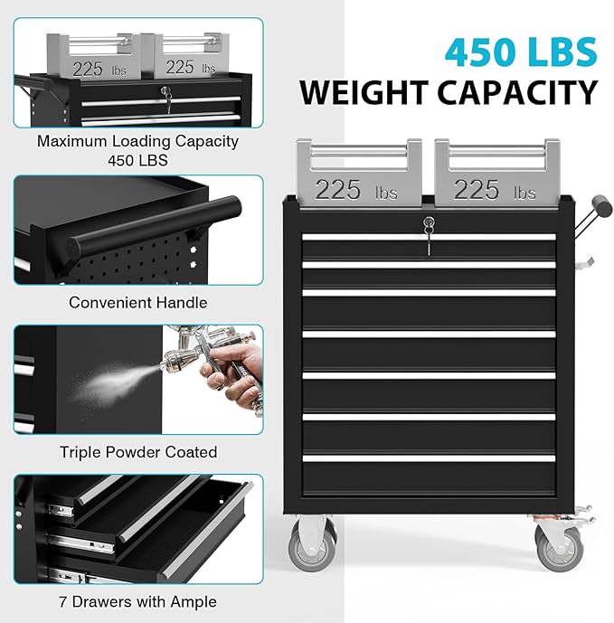 7 Drawer Rolling Tool Chest with Wheels, Portable Tool Cart with Drawers, Storage Cabinet for Garage, Warehouse and Repair Shop (Black)