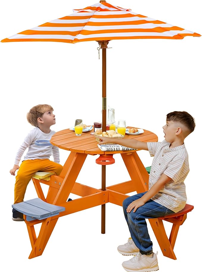 Kids Picnic Table & Stool Set, Outdoor Wood Round Table & 4 Bench, Toddler Picnic Table Set w/Height Adjustable Umbrella, Children Activity Table w/Cup Holders for Patio, Garden, Backyard