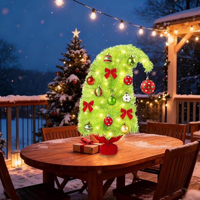 2FT Artificial Whimsical Christmas Tree Lime Small Bendable Christmas Tree with Lights Hanging Balls Bows Curved Shape Tabletop Tree Decor for Xmas Holiday Indoor Outdoor Decor