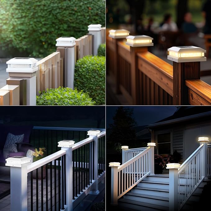 Brightever 4x4 Solar Light Outdoor 4 Packs, Waterproof Solar Powered Post Cap Light for 5x5 Vinyl/Wooden Post with Warm/Cool Lighting, White 16LEDs Deck Cap Lights for Outside, Garden, Patio, Porch