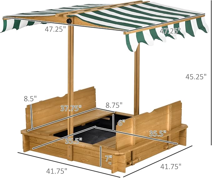 Outsunny Wooden Sandbox with Lid, Kids Sandbox with Canopy Outdoor, Sand Box with Foldable Bench Seats and Sand Protection, Bottom Liner Included, Kids Gift for Aged 3-7, 47X47 in, Brown