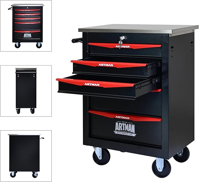 RYH 4/5/6/7 Drawers Rolling Tool Chest -Heavy Duty Mobile Metal Tool Box with Locking Wheels, with Stainless Steel Worktop, Garage Tool Storage Cabinet (Black, 5-Drawers 30.7 H¡¿22.2 W)