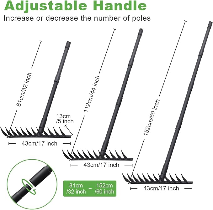 Pragmatist Bow Rake Heavy Duty 60 Metal Head Garden Rake with Adjustable Stainless Steel Handle Garden Tool for Loosening Soil Leveling Mulch Gathering Leaf