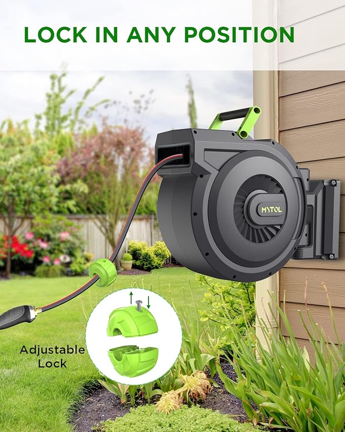 Retractable Garden Hose Reel, 1/2 Inch x 100 ft + 6 ft Wall Mount Hose Reel with Automatic Slow Rewind System, Any Length Lock, 10 Patterns Hose Nozzle, 180¡ÆSwivel Bracket, for Garden Watering