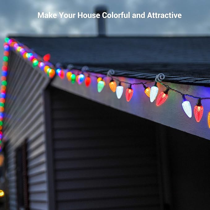 DEWENWILS C9 Multicolor LED Christmas Lights, 33.3ft 50LED Outdoor String Lights for House, Waterproof, Extendable Strawberry Bulb Light for Xmas Tree, Patio, Garden, Yard, Porch, UL Listed