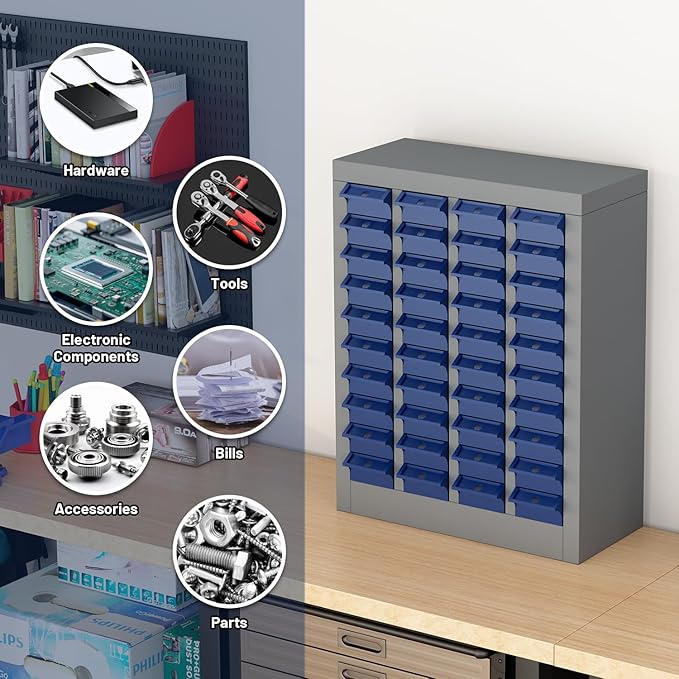 40 Drawers Parts Cabinet Chest, Bolts Nuts Metal Tool Storage for Hardware Organization Home Garage Workshop Hardware Store Office Supplies, Grey