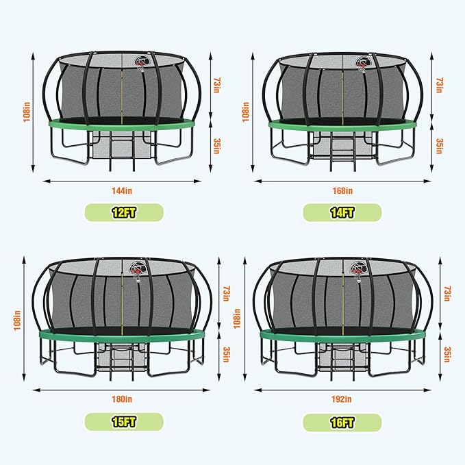 Lyromix 12 14 15 16FT Outdoor Trampolines for Kids and Adults, Pumpkin Trampolin with Curved Poles, Recreational Trampolin with Basketball Hoop and Safety Enclosure Net for Kids and Adults