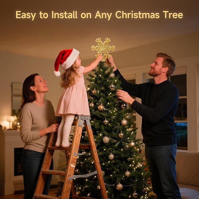 Christmas Tree Topper Lighted with Built-in LED Rotating Snowflake Projector, 3D Hollow Glitter Gold Snowflake Tree Topper for Xmas Party Holiday Christmas Decorations