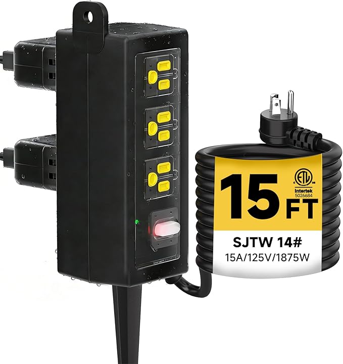 IP66 Outdoor Power Strip Waterproof,Heavy Duty Surge Protector, 15 FT Extension Cord, All-Weatherproof,6AC, Suitable for Outdoor, Work Room, Patio Gardens, Pool Parties,Black