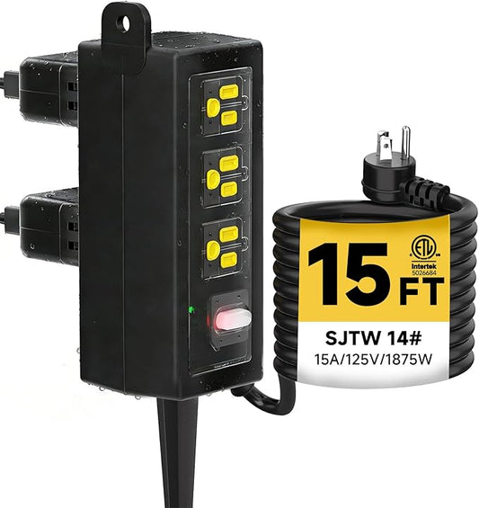 IP66 Outdoor Power Strip Waterproof,Heavy Duty Surge Protector, 15 FT Extension Cord, All-Weatherproof,6AC, Suitable for Outdoor, Work Room, Patio Gardens, Pool Parties,Black