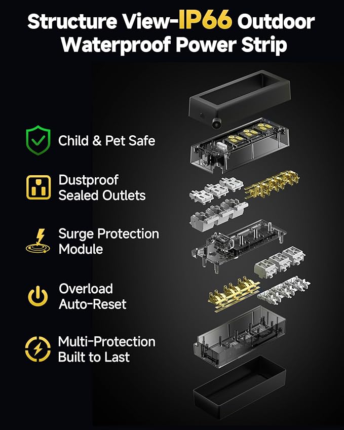 IP66 Outdoor Power Strip Waterproof,Heavy Duty Surge Protector, 25 FT Extension Cord, All-Weatherproof,6AC, Suitable for Outdoor, Work Room, Patio Gardens, Pool Parties,Black