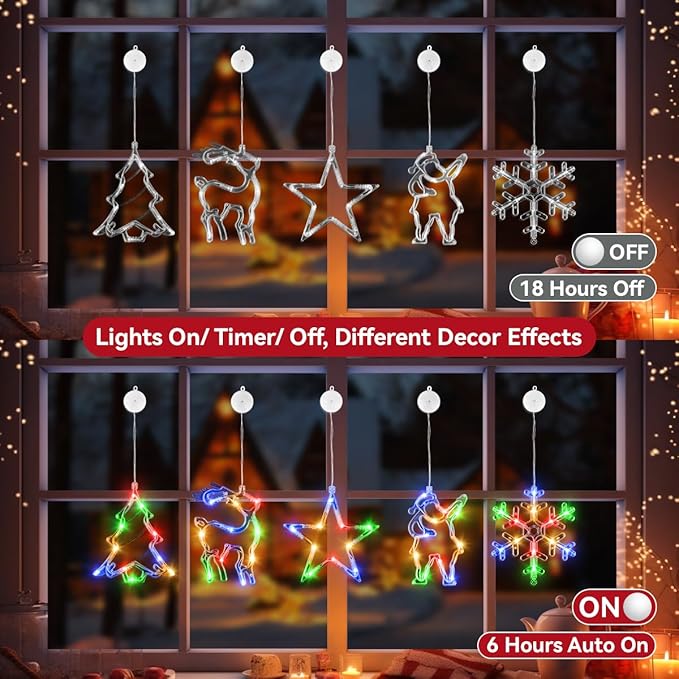 5Pcs Christmas Window Lights, Battery Powered Twinkle Lights Christmas Decorations Indoor Outdoor for Wall Door Porch Balcony Glass Decor with Suction Cup & Timer
