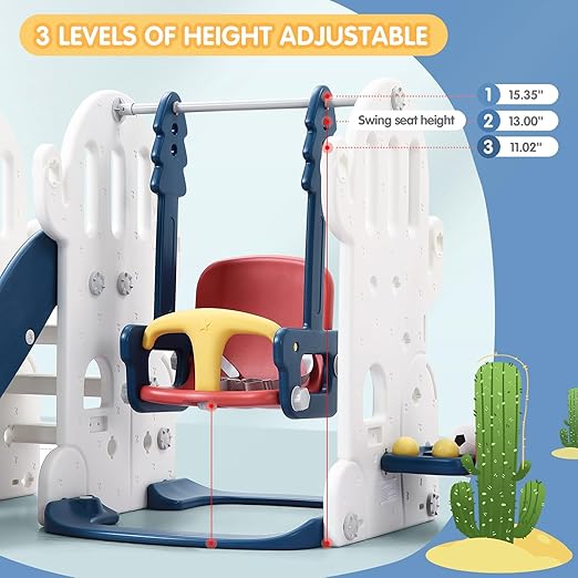 7-in-1 Toddler Playground Set ? Indoor Outdoor Slide, Adjustable Swing, Basketball Hoop, Climber, Ring Toss, Soccer, Golf ? Multifunctional Cactus Playset for Kids Ages 1-3, Blue ? Freestanding Activi
