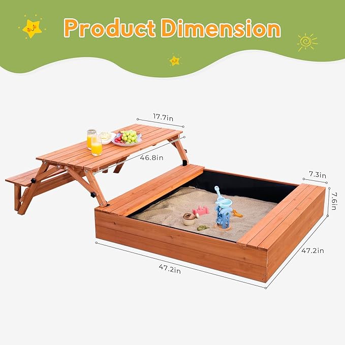 Kids Outdoor Wooden Sandbox Large Kids Sand Box with Lid Sand Box with Cover Gift for Ages 2-8 Foldable Picnic Table and Seat Bottom Liner Included