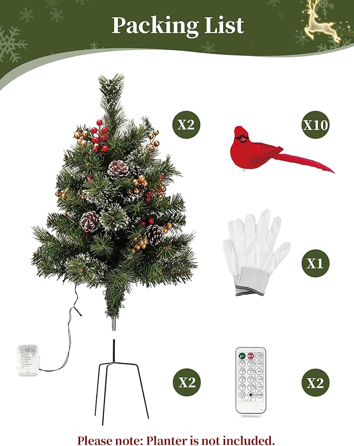 BLOSMON Outdoor Christmas Tree for Porch: 2 Sets 24 Inch Timer Prelit Planter Bushes with 10 Red Cardinals - Remote 60 Lights 8 Modes - Small Pot Urn Filler for Front Door Pathway Yard Decor