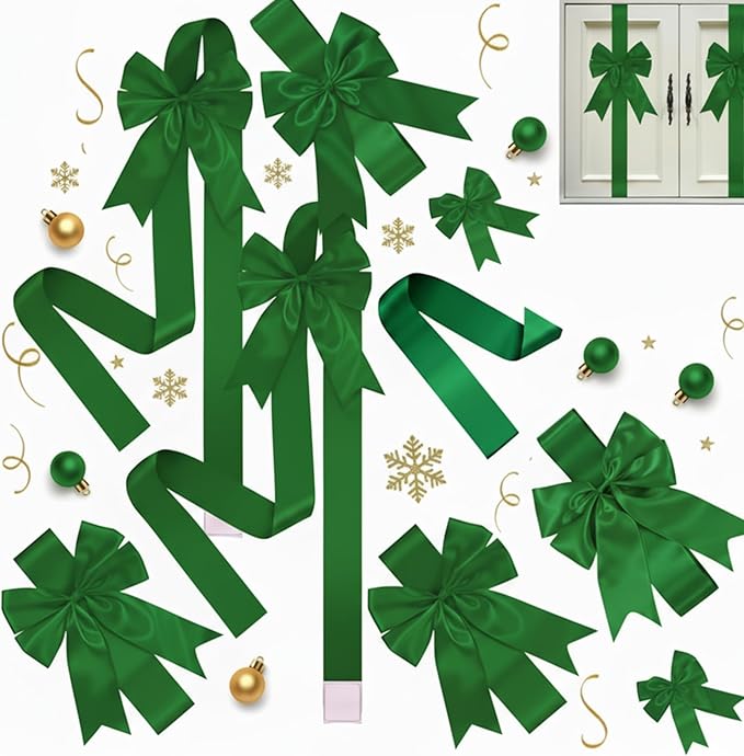 BBTO 6 Pcs Christmas Cabinet Door Green Ribbons 8x40 Inches Festive Large Bow Christmas Wreath Tree Bow Festival Wrapping Decorations for Home Fireplace Door Chair Holiday Party Supplies