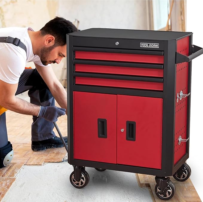 Rolling Tool Chest with Locking Wheels - Tool Box with 3 Drawers & 1 Big Tool Cabinet with 2 Door, 18.5 D x 28 W x 40 H Mobile Tool Storage Cabinet, Heavy-Duty Garage Organizer w/Ergonomic Handle