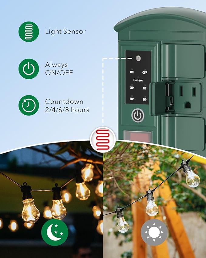 BN-LINK Outdoor Power Stake with Dusk to Dawn Timer, Waterproof 6 Grounded Outlets, 6FT Cord, 100FT Remote Control, Heavy Duty Outdoor Plug for Christmas Lights, Yard, Garden, ETL Listed