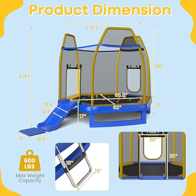 Goplus 7 FT Kids Trampoline with Slide, 87¡± ASTM Approved Toddler Trampoline with Galvanized Steel Frame & Safety Enclosure Net, Ladder, Indoor Outdoor Recreational Rebounder for Kids