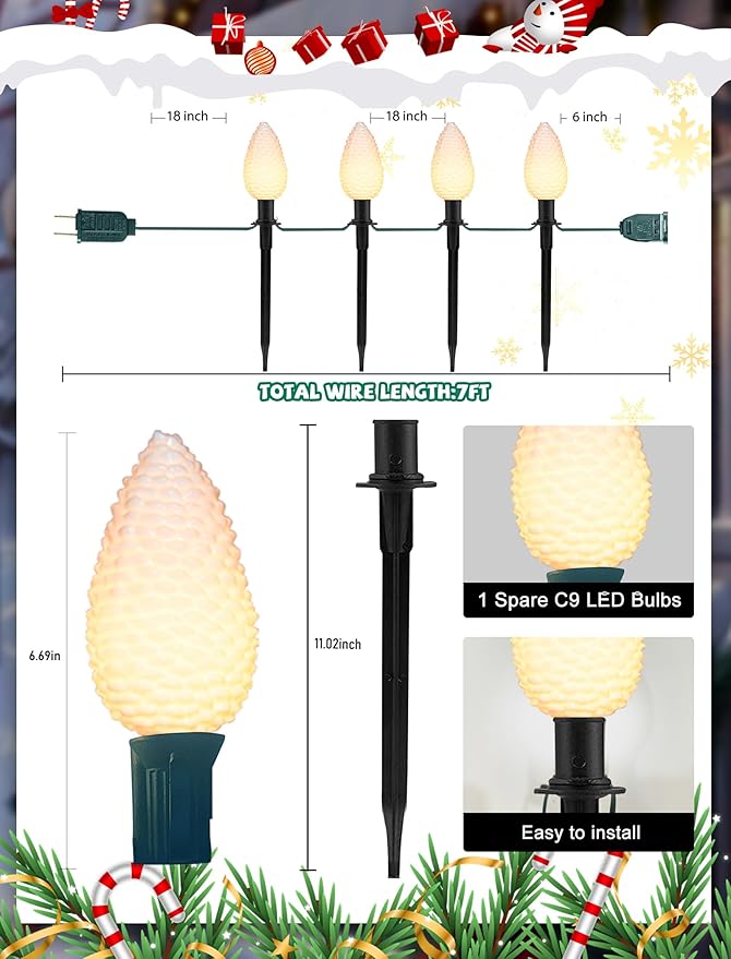 C9 Christmas Lights Outdoor Decorations Lawn with Pathway Marker Stakes, 7 Feet String Lights Covered 4 Jumbo Led White Pinecones for Holiday Time Outside Yard Garden Decor, 4 Lights